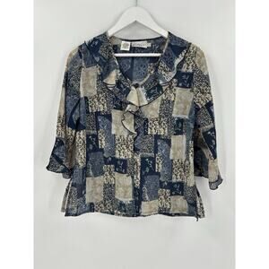 Kathy Che Blouse Womens 8 Blue Beige Ruffles Button Front Flutter Sheer Floral